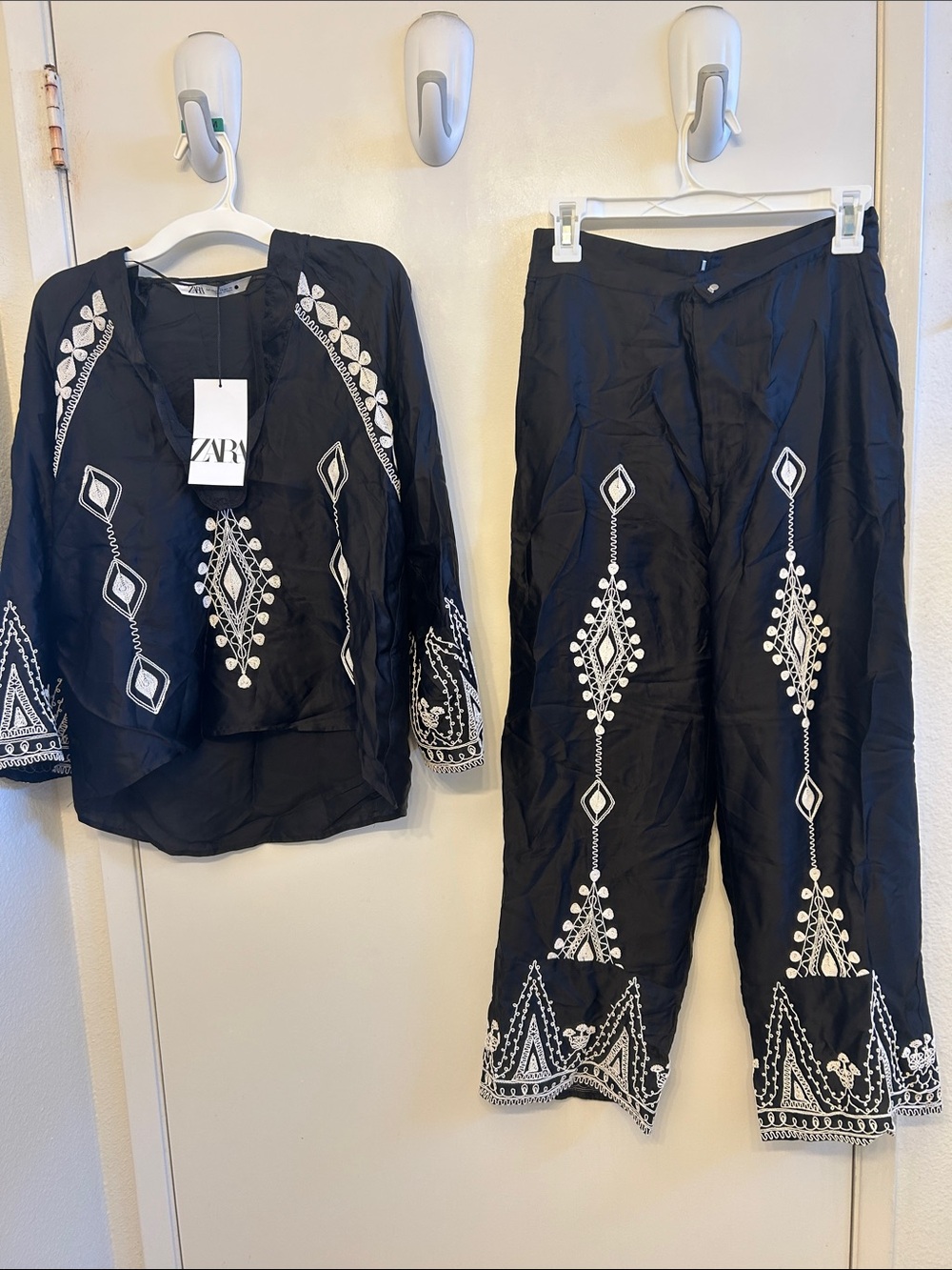 ZARA Black Wide-Leg Embroidered Two-Piece Set